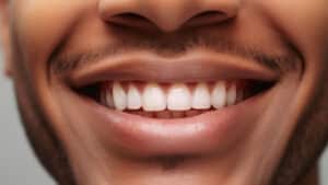  close-up do sorriso de um homem, focando nos seus dentes e na parte inferior do rosto. Os dentes são bem alinhados e brancos, refletindo uma boa higiene dental e saúde bucal. A imagem captura detalhes como o contorno dos lábios e a textura da pele, que é suave e tem uma tonalidade uniforme. Os lábios estão ligeiramente abertos num sorriso genuíno, revelando um leve brilho que sugere alegria ou satisfação. O fundo da imagem é neutro, garantindo que toda a atenção esteja focada no sorriso do homem.